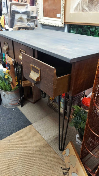 Custom 1940s Metal Drawer Cabinet Table Console Desk, with pin legs, Brass Pulls, wood top