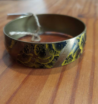 Wide Hand painted and Etched, brass bangle