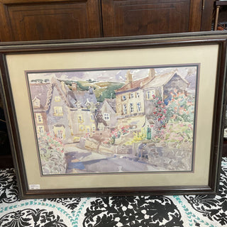 Large framed watercolor town painting - 37"W x 30"T