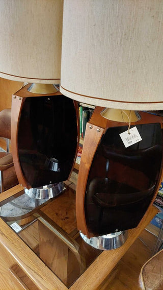 (2) MCM Lawrin Co., Sculpted Walnut, Chrome, Smoke Lucite Lamps