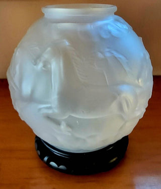 Art Deco frosted glass vase w/stand/Czech/Josef Inward/Racing Horses