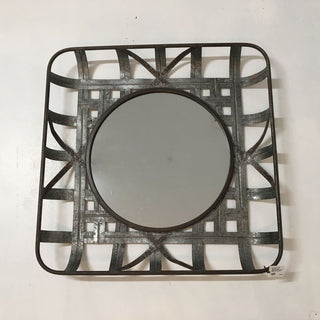Patinated metal tobacco basket mirror, FIRM, 23.5" sq, RW