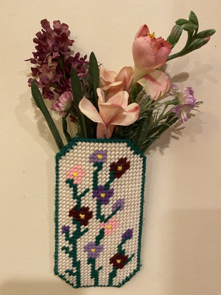Upcycled Cross-Stitched Hanging Floral Arrangement