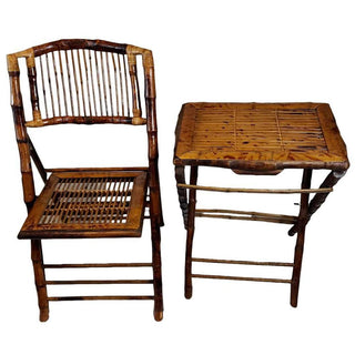(2pc) Midcentury Style Scorched Bamboo Rattan Folding Table and Chair furniture set