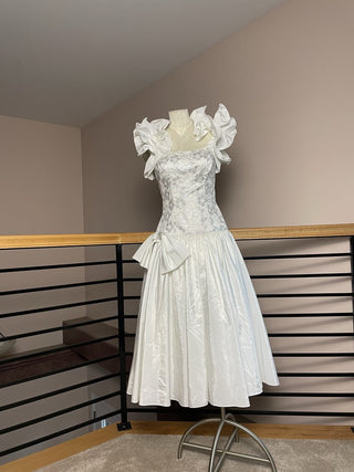 1980s DRAMA white silver formal dress