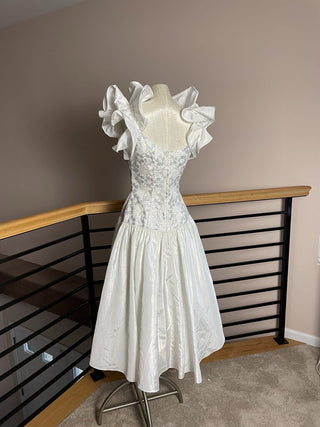1980s DRAMA white silver formal dress