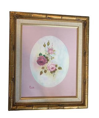 Vintage Pink Roses Original Oil Painting with Gold Bamboo Frame by Collette | 15" x 18" | CA