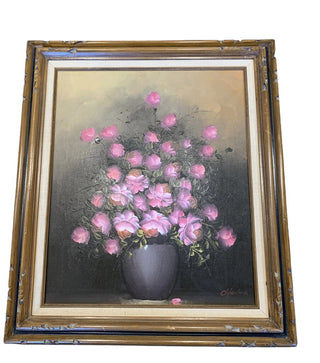 Large Vintage Pink Flowers Original Oil Painting 31.25" x 27" | CA