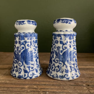 Vintage Chinese blue & white phoenix salt & pepper set