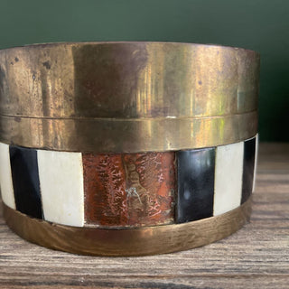 Black & white bone and brass round box 2 missing as is FIRM