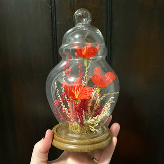 Vintage Glass Curio w/ Flowers Wood Base 7.5x4x4