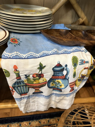 Vintage Tablecloth Blue with Teapots & Fruit