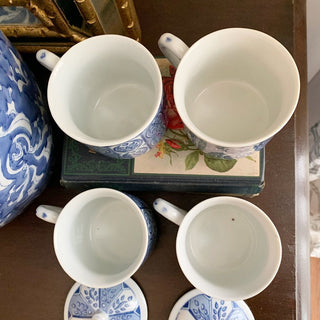 Vintage Williams Sonoma Chinoiserie Blue and White Coffee Cups with Lids | Set of 4 | 4"L | CA