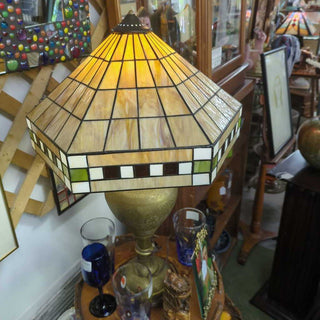 Brass lamp & stained glass shade AS IS some cracked glass