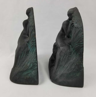 Pair Art Deco Bookends Nude Flute Player Artist Signed Cast Patinated