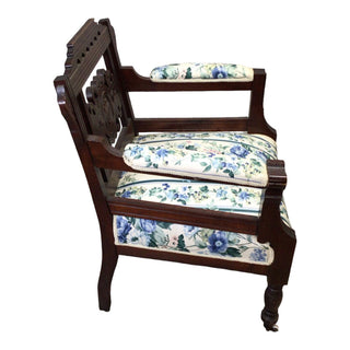 Eastlake Solid Wood Armchair with Blue and Green Floral Pattern