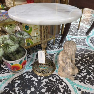 Vintage Small Round 15" Marble Table, Pierced Brass Pedestal 17" Tall Hollywood Regency