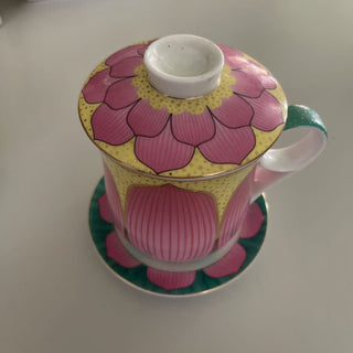 Porcelain Lotus pink & green tea mug with lid