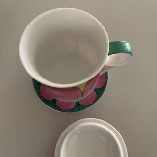 Porcelain Lotus pink & green tea mug with lid