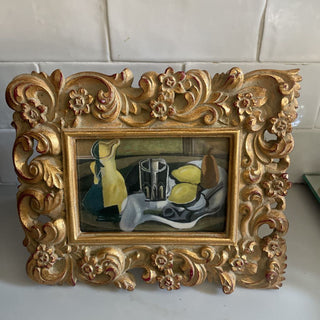 Gold ornate scroll picture frame with mid century still life print