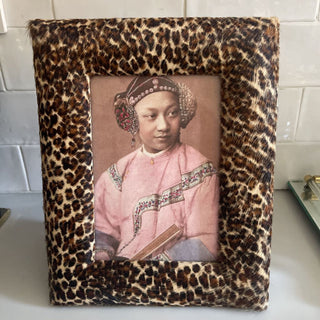 Leopard printed cowhide frame with antique print of Chinese girl from the 1870's FIRM