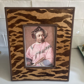Tiger printed cowhide frame with antique print of Chinese girl from the 1870's FIRM