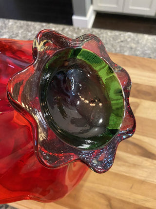 Ruby Red scalloped Glass Bowl, Green base