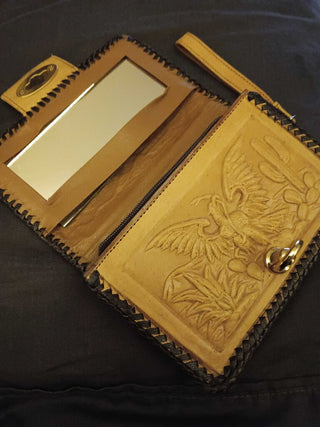 Vint. Tooled LEATHER Wallet w Mirror & Wrist Strap (MInt Cond). Wrist Strap