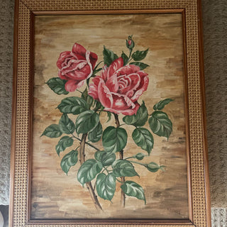 1980's Rose painting in cane & oak frame