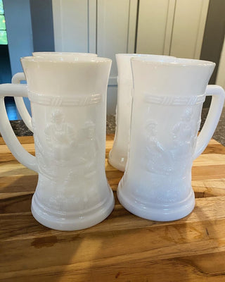 Federal Milk Glass Steins w/Tavern Scene, Set of 4