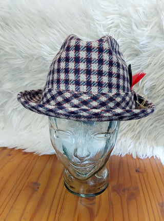 NOS W/tag - 7 1/2 1950s blue, red, gray wool plaid trilby Custom Made London Imperial FIRM