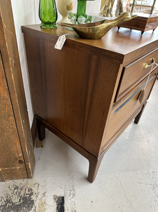 True mid century modern nightstand in Walnut with cool original hardware