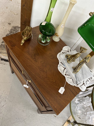 True mid century modern nightstand in Walnut with cool original hardware