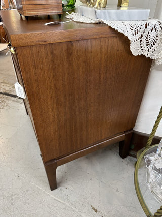 True mid century modern nightstand in Walnut with cool original hardware