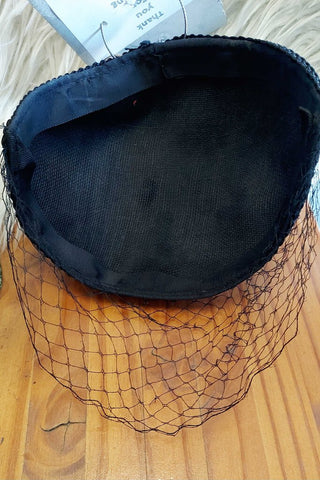 1950s Black Velour Crescent Hat with veil and rhinestones (T&M)