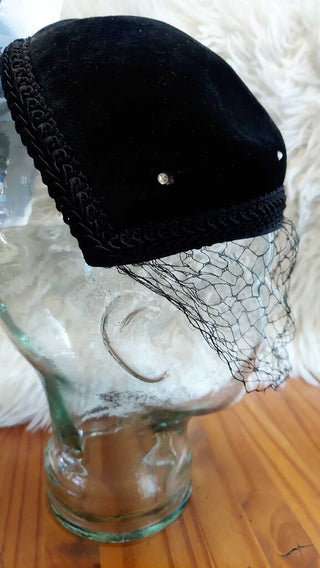 1950s Black Velour Crescent Hat with veil and rhinestones (T&M)