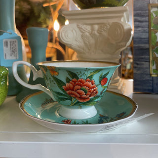 Stechol fine bone china turquoise floral tea cup & saucer