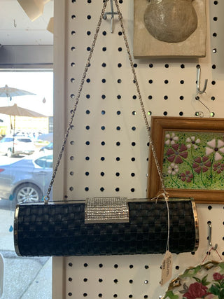 Black clutch purse w/rhinestone buckle clasp