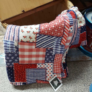 71 x 41 - Red White and Blue rustic patchwork print, patriotic cotton tablecloth, throw, picnic blanket. FIRM