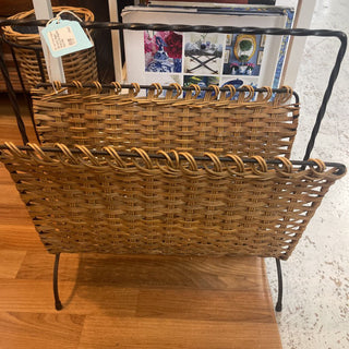 Mid Century Belgian Rattan & Iron Magazine Rack FIRM