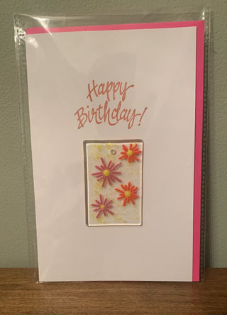 fg-Happy Birthday Card Pink, Orange Bursts w/removable sun catcher-FIRM