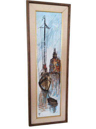MCM Oil Painting from Old Town Art Fair Sailboat Nautical Ship 12x36 Rectangle