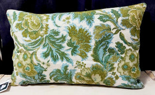 Midcentury Blue & Green Textured Tropical Floral Lumbar Pillow, 20x12