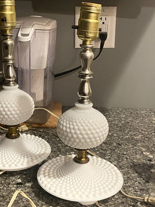 Milk Glass Hobnail Boudoir Lamps, Set of 2