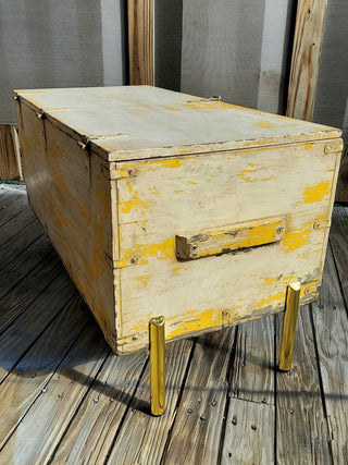 Custom 1930s Military trunk footlocker Chest Storage Coffee Table with Titanium Gold Tone Modern Legs (IN STORE PICKUP ONLY)FIRM