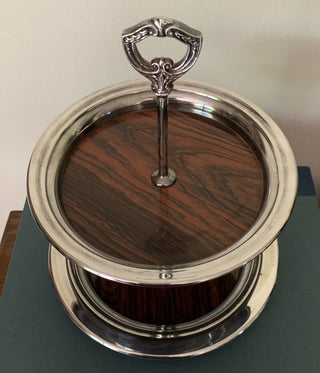 MID CENTURY SILVER PLATE & FAUX ROSEWOOD TIERED TRAYS|9"H X 8"W X 8"D