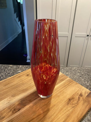 Vintage Murano Style art glass Confetti Vase red and amber heavy 11"