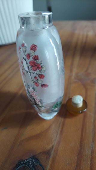 Chinese Reverse Hand Painted Glass Snuff Bottle With Amber Cap FIRM