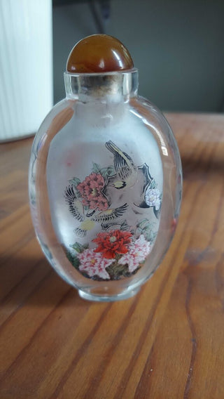 Chinese Reverse Hand Painted Glass Snuff Bottle With Amber Cap FIRM