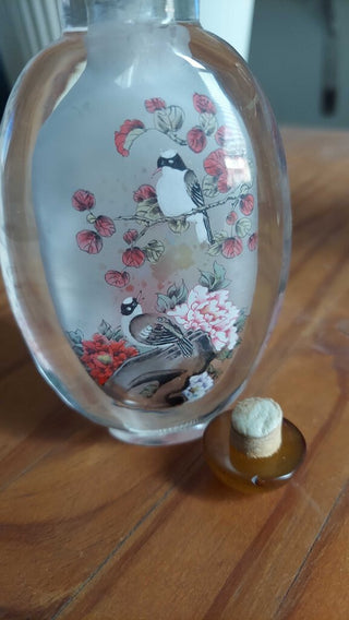 Chinese Reverse Hand Painted Glass Snuff Bottle With Amber Cap FIRM